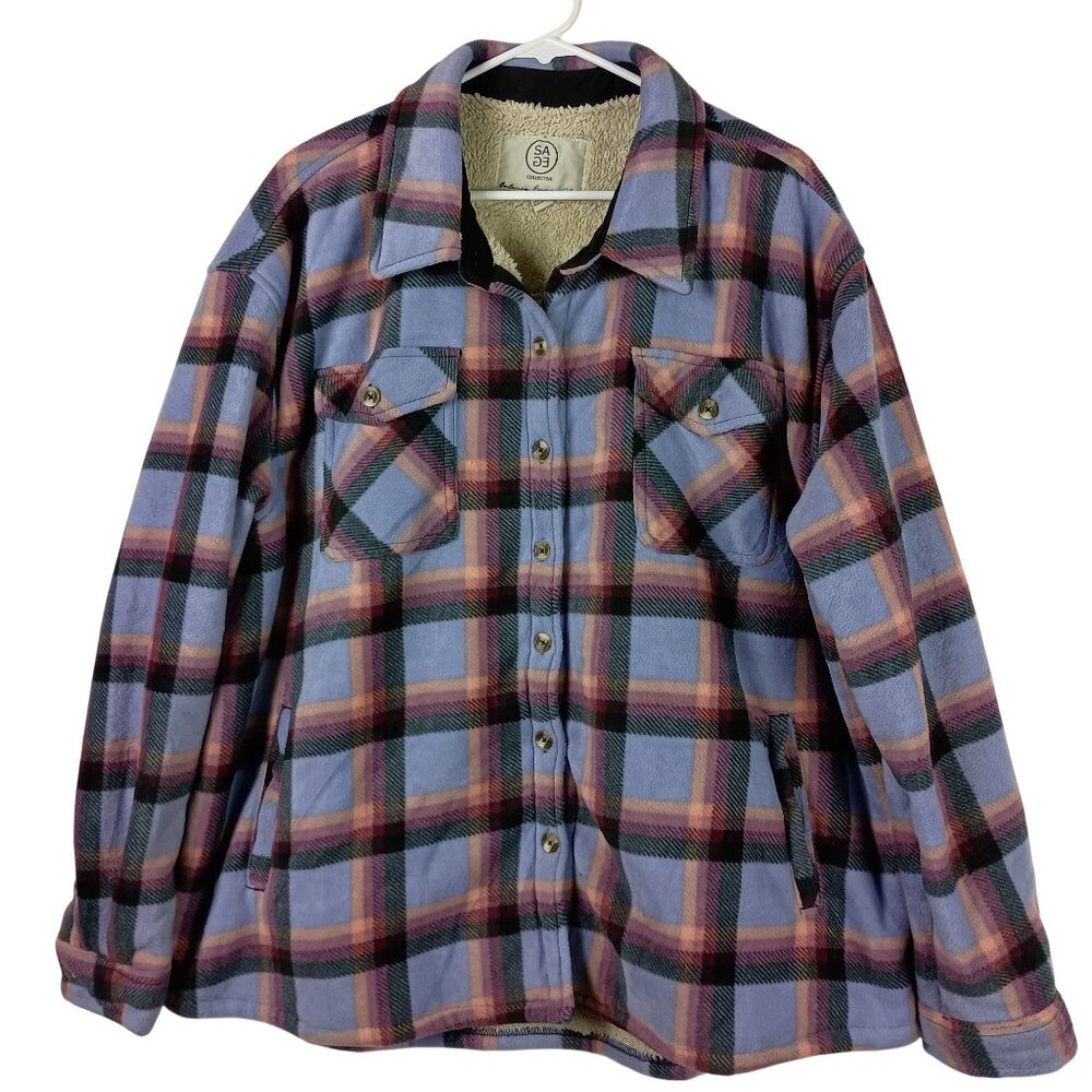 Sage Collective Womens Plush Cotton Flannel Shirt Jacket Plaid Size L  1535379